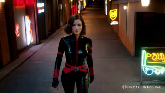 80s-Styled Black Widow in Retro Alley to Rooftop Adventure – AI Generated Video | Hailuo AI