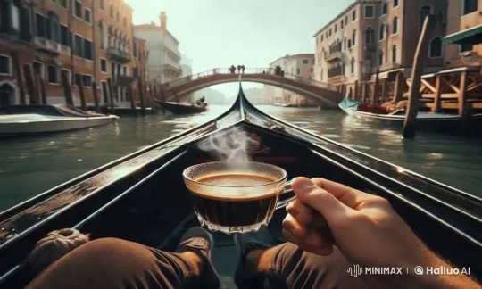 Venetian Gondola Ride with Coffee Amidst Scenic Beauty – AI Generated Video | Hailuo AI