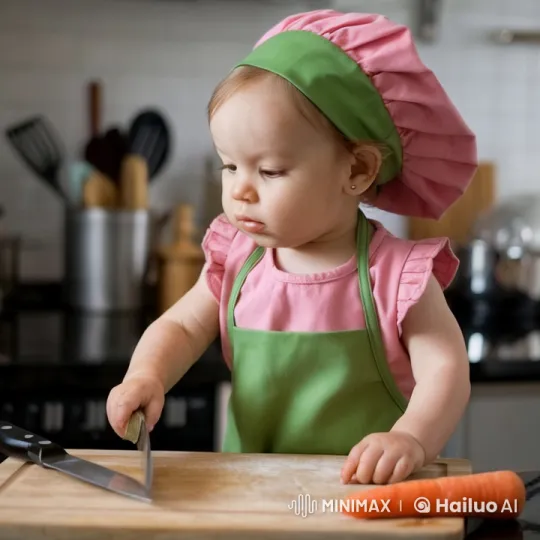 Baby Chef Slices Carrot with Focus – AI Generated Video | Hailuo AI