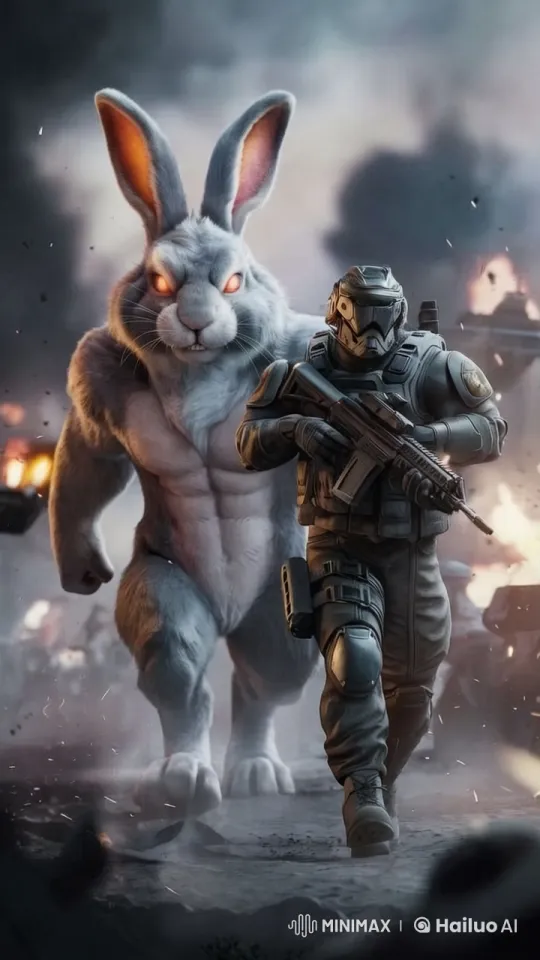 Soldier and Giant Rabbit Advance Through War-Torn Ruins – AI Generated Video | Hailuo AI