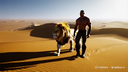 Powerful Man and Lion Stride Through Desert in Dramatic Panorama – AI Generated Video | Hailuo AI