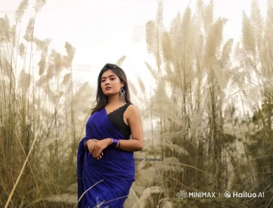 Woman in Blue Saree Walks Through Grass Field – AI Generated Video | Hailuo AI