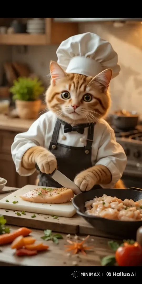 Chef Cat Skillfully Prepares Chicken in Aesthetic Kitchen – AI Generated Video | Hailuo AI