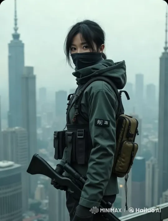 Tactical Figure Monitors Cityscape in Dynamic Tracking Shot – AI Generated Video | Hailuo AI