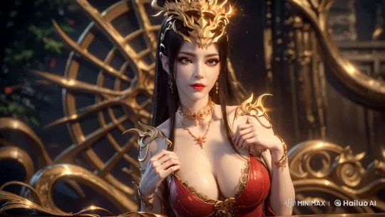 Regal Figure Showcases Opulent Red Gown in Grand Setting – AI Generated Video | Hailuo AI
