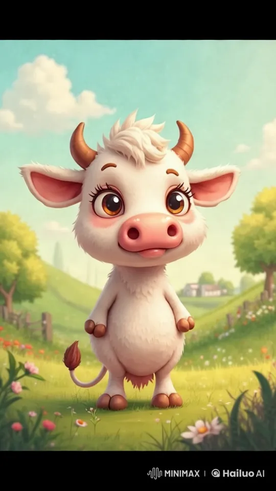 Adorable Calf in Serene Meadow Landscape – AI Generated Video | Hailuo AI