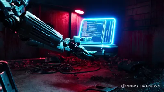 Humanoid Robot Initiates Data Transfer in Grim Bunker – AI Generated Video | Hailuo AI