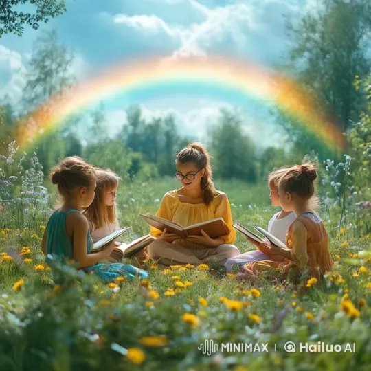 Children Reading in Enchanted Meadow with Rainbow – AI Generated Video | Hailuo AI