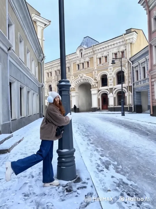 Girl Playfully Kicks Lamp, Hops in Snowy Street – AI Generated Video | Hailuo AI