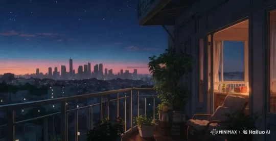 Evening Serenity: Cityscape from a Cozy Balcony – AI Generated Video | Hailuo AI
