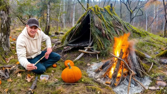 Norwegian Forest Campfire with Man Preparing Food – AI Generated Video | Hailuo AI