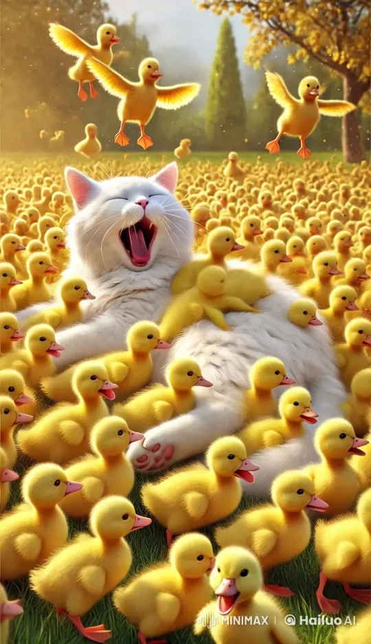 Cute Cat Surrounded by Playful Ducklings – AI Generated Video | Hailuo AI