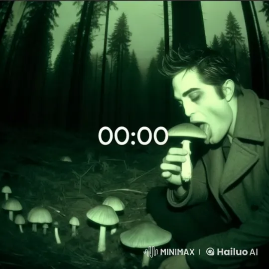 Man in Forest Licks Mushroom, Makes Grimaces – AI Generated Video | Hailuo AI