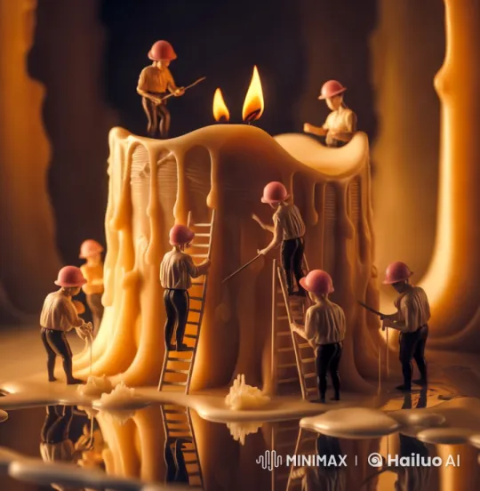 Miniature Workers Tending to a Melting Candle – AI Generated Video | Hailuo AI
