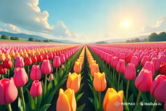 Vibrant Tulip Field in Sunlit Serenity – AI Generated Video | Hailuo AI
