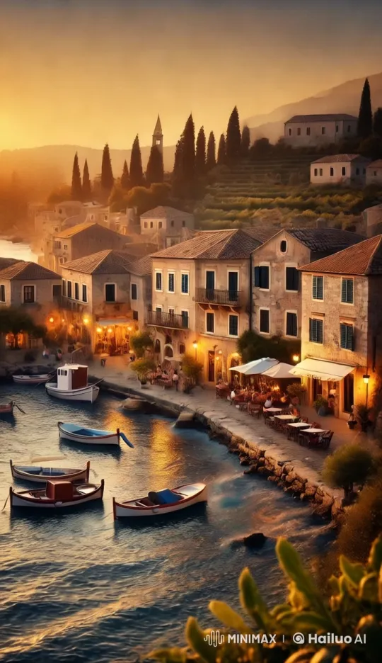 Sunset Serenity: Coastal Village Panorama – AI Generated Video | Hailuo AI