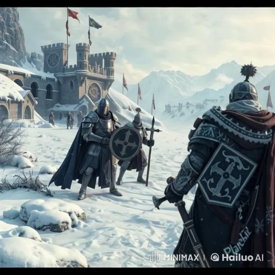 Knights Showcase Armor Amidst Snowy Castle Majesty – AI Generated Video | Hailuo AI