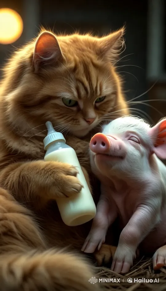Ginger Cat Tenderly Bottle-Feeds Tiny Piglet – AI Generated Video | Hailuo AI