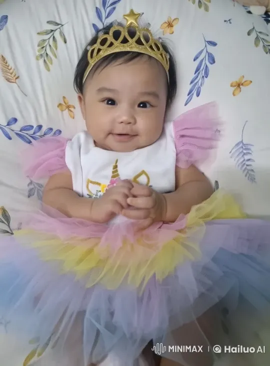 Magical Baby in Tutu Dress on Floral Bedspread – AI Generated Video | Hailuo AI