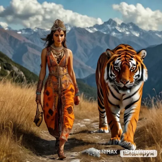 Girl and Tiger Perform in Mountainous Landscape – AI Generated Video | Hailuo AI