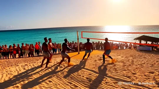 Intense Beach Volleyball Match in Sunlit Setting – AI Generated Video | Hailuo AI