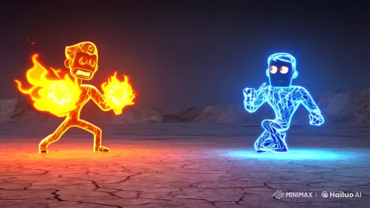 Elemental Duel: Stick Figures Clash in Desolate Wasteland – AI Generated Video | Hailuo AI