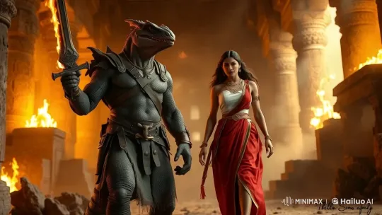 Reptilian Warrior and Lady in Fiery Temple Adventure – AI Generated Video | Hailuo AI
