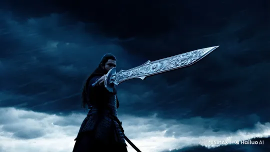 Warrior Poised with Sword Amid Stormy Landscape – AI Generated Video | Hailuo AI