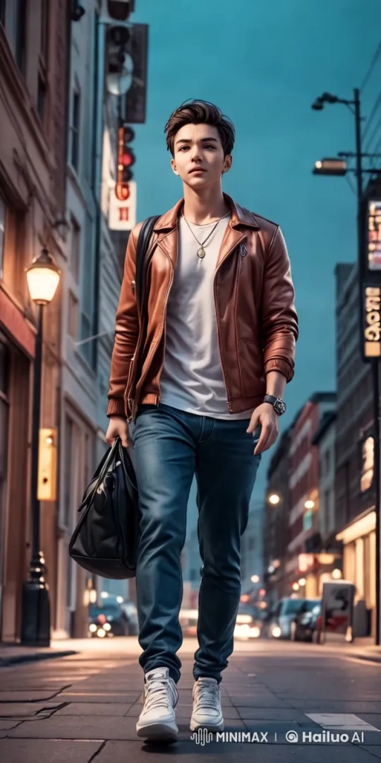 Stylish Young Man Walks Through Vibrant Cityscape – AI Generated Video | Hailuo AI