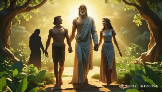 God Walks with Adam and Eve in Eden, Foreshadowing Temptation – AI Generated Video | Hailuo AI