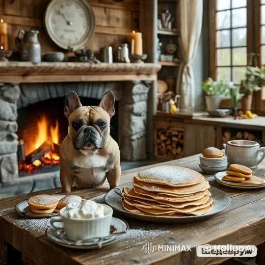French Bulldog Enjoying Pancakes in Rustic Kitchen – AI Generated Video | Hailuo AI