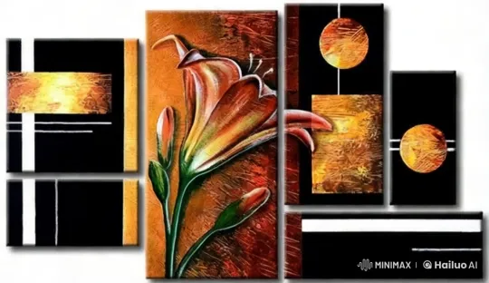Abstract Art Exhibition: Vibrant Lily and Geometric Panels – AI Generated Video | Hailuo AI