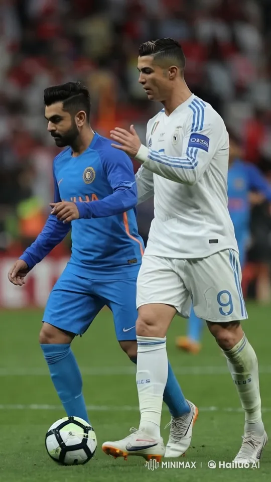 Virat Kohli and Cristiano Ronaldo Display Competitive Skills on Football Field – AI Generated Video | Hailuo AI
