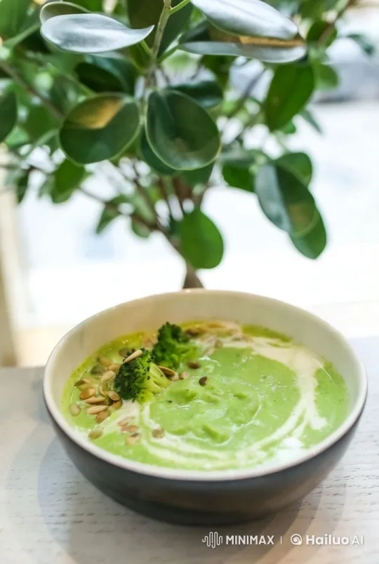Aesthetic Close-Up of Vibrant Green Soup with Broccoli – AI Generated Video | Hailuo AI