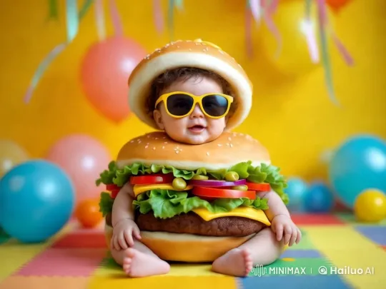 Baby in Hamburger Costume Plays Joyfully on Play Mat – AI Generated Video | Hailuo AI