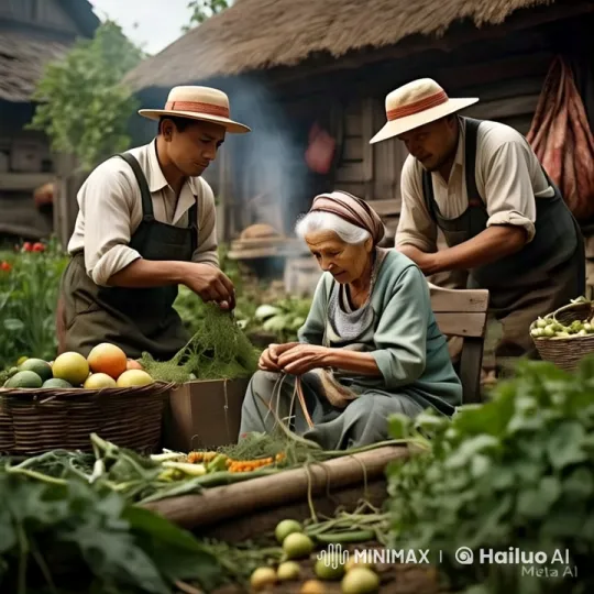 Elderly Woman and Men Sort Produce in Rustic Village – AI Generated Video | Hailuo AI