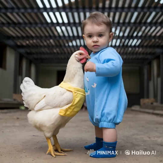 Boy and Chicken Playfully Interact in Barn Setting – AI Generated Video | Hailuo AI