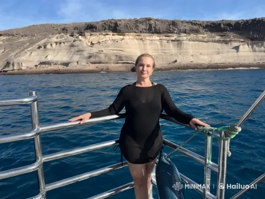 Graceful Figure on Boat Overlooking Tranquil Coastline – AI Generated Video | Hailuo AI