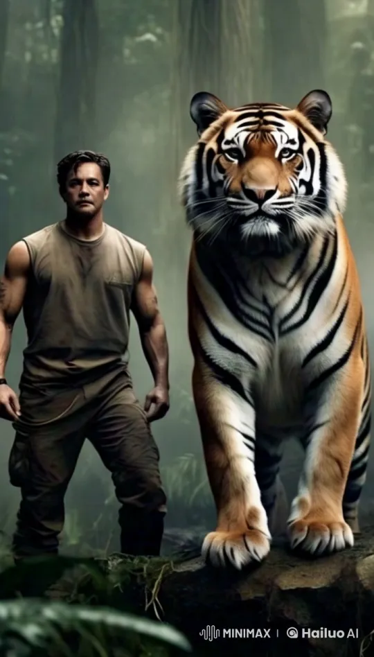 Man and Tiger Walk in Harmony Through Lush Forest – AI Generated Video | Hailuo AI