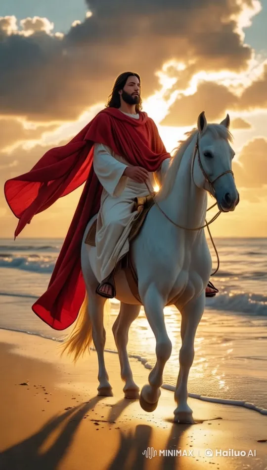 Radiant Jesus Rides Horse on Sunset Beach – AI Generated Video | Hailuo AI
