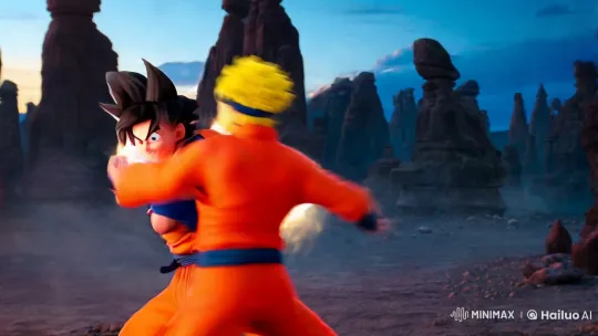 Goku vs. Naruto: Aesthetic Battle in Twilight Landscape – AI Generated Video | Hailuo AI