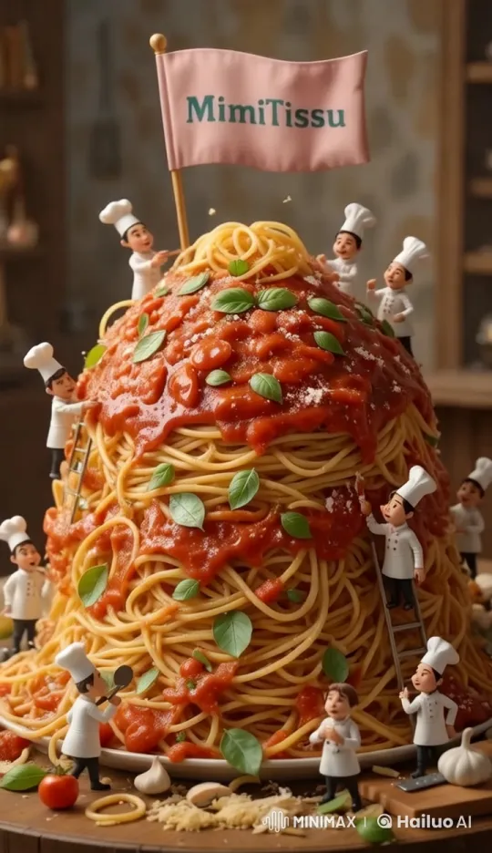 Mini Chefs Prepare Giant Spaghetti Mountain Art – AI Generated Video | Hailuo AI