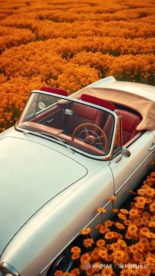 Vintage Convertible in Vibrant Flower Field – AI Generated Video | Hailuo AI