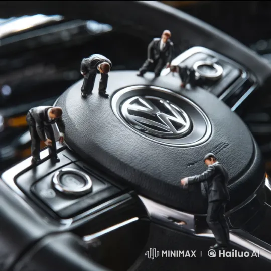 Miniature Workers Examining Volkswagen Steering Wheel – AI Generated Video | Hailuo AI