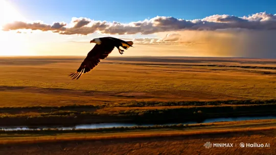 Bald Eagle Soars Over Golden Steppe at Dawn – AI Generated Video | Hailuo AI