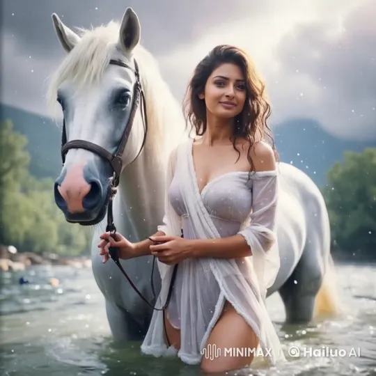 Model Poses with White Horse in Serene River Setting – AI Generated Video | Hailuo AI
