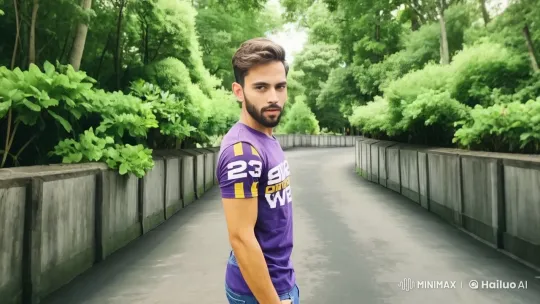 Young Man Walking Down Serene Tree-Lined Street – AI Generated Video | Hailuo AI
