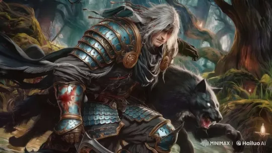 Armored Warrior and Wolf Stand Ready in Enchanted Forest – AI Generated Video | Hailuo AI