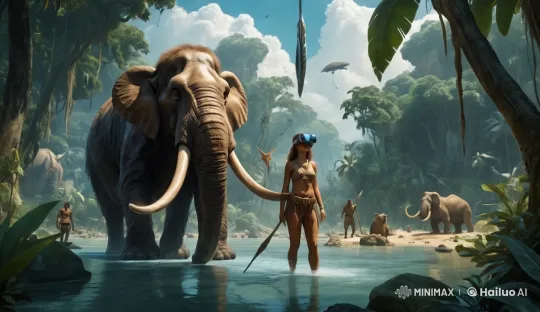 Virtual Reality Encounter with a Mammoth in Prehistoric Jungle – AI Generated Video | Hailuo AI
