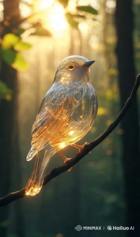 Glass Bird Perched in a Sunlit Forest – AI Generated Video | Hailuo AI